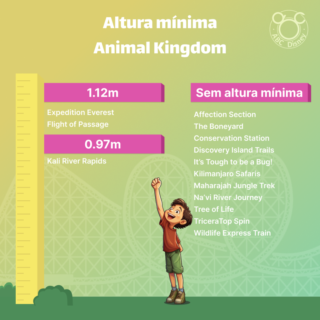 Imagem informativa que mostra uma criança ao lado de uma régua de medir altura, e mostra qual altura as crianças precisam ter para ir em cada atração deste parque e também as atrações que não exigem altura mínima para brincar