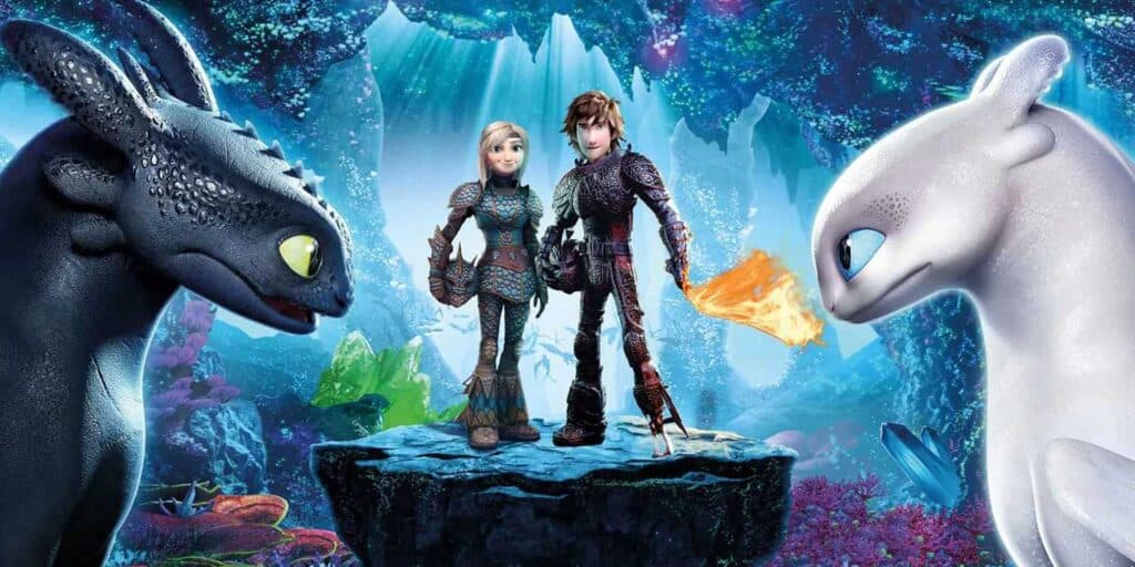 imagem artística do poster do filme como treinar o seu dragão, que traz as estrelas do filme, banguela, fúria de luz, astrid e soluço no cenário do filme