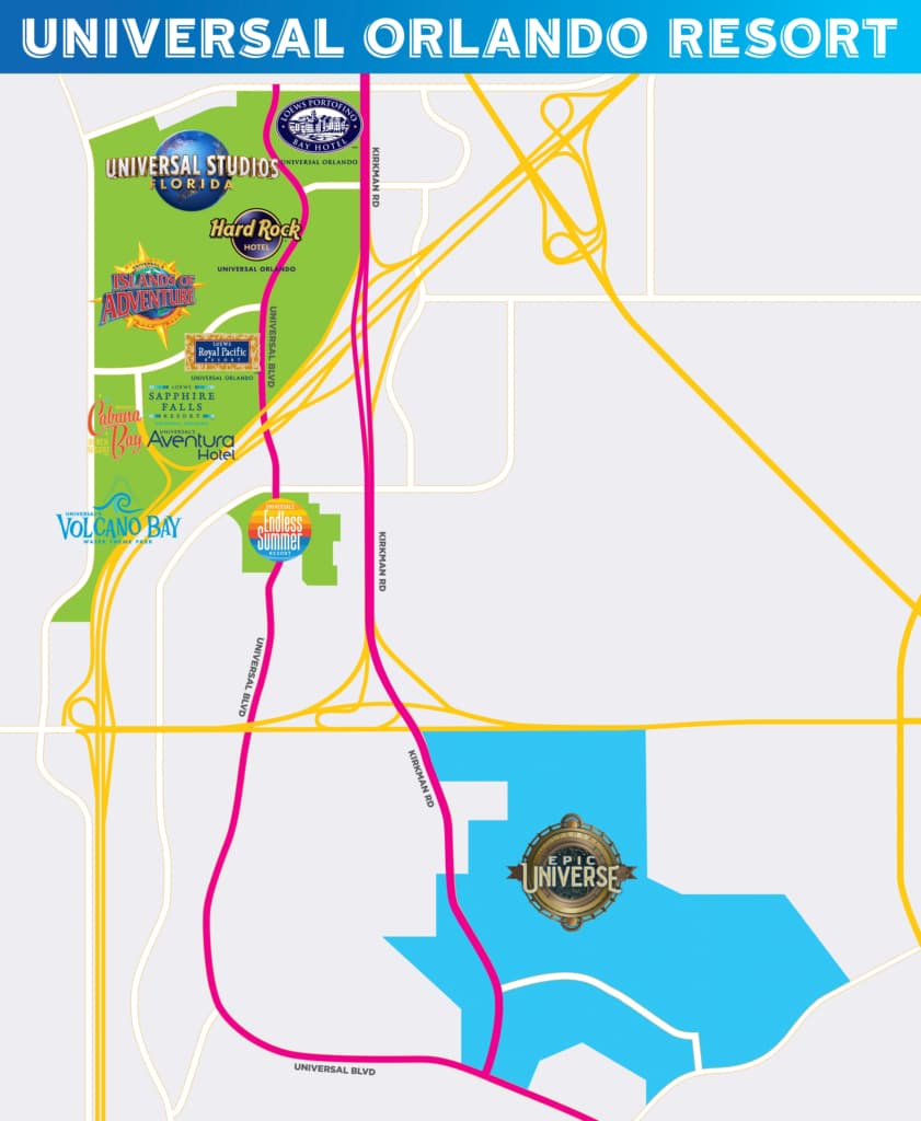 desenho de mapa que mostra onde ficam os parques e hotéis do complexo da Universal Orlando Resort e onde será o futuro novo parque, Epic Universe