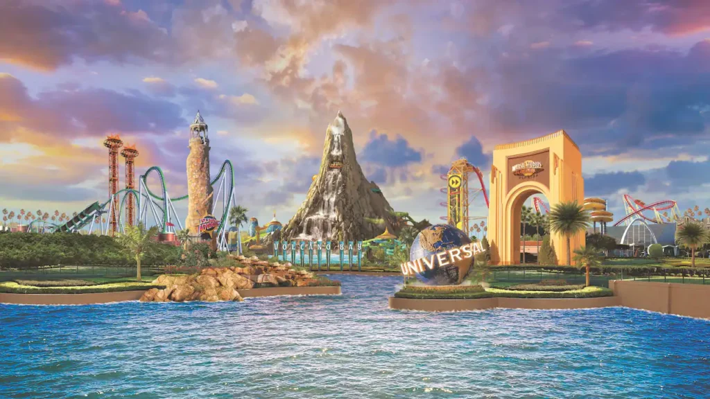 Imagem ilustrativa do complexo da Universal Orlando Resort, que mostra as entradas dos parques Universal Studios, Islands of Adventure, e seus ícones, como as atrações, Hollywood Rip Ride Rockit, Hulk Coaster, Doctor Doo Fear Fall, o Clássico Globo escrito Universal, e bem ao centro, o vulcão do parque aquático, Volcano Bay, todos situados em Orlando, Florida