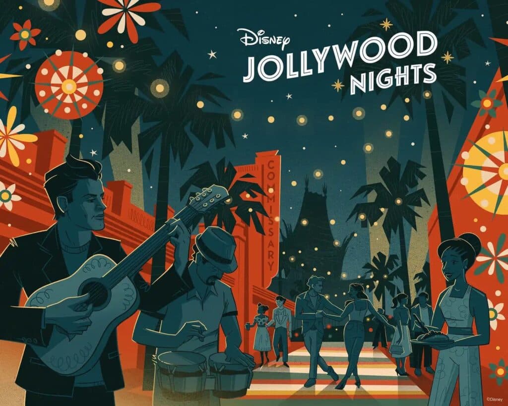 Imagem artística que mostra como será o clima da festa de natal Jollywood Nights no Hollywood Studios, onde podemos ver uma pessoa tocando violão, outra tocando bongô, pessoas comendo, passeando e dançando pelo parque iluminado com luzinhas e cores de natal
