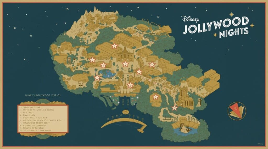Imagem de conceito artístico do mapa do parque Hollywood Studios durante a festa de Natal Jollywood Nights