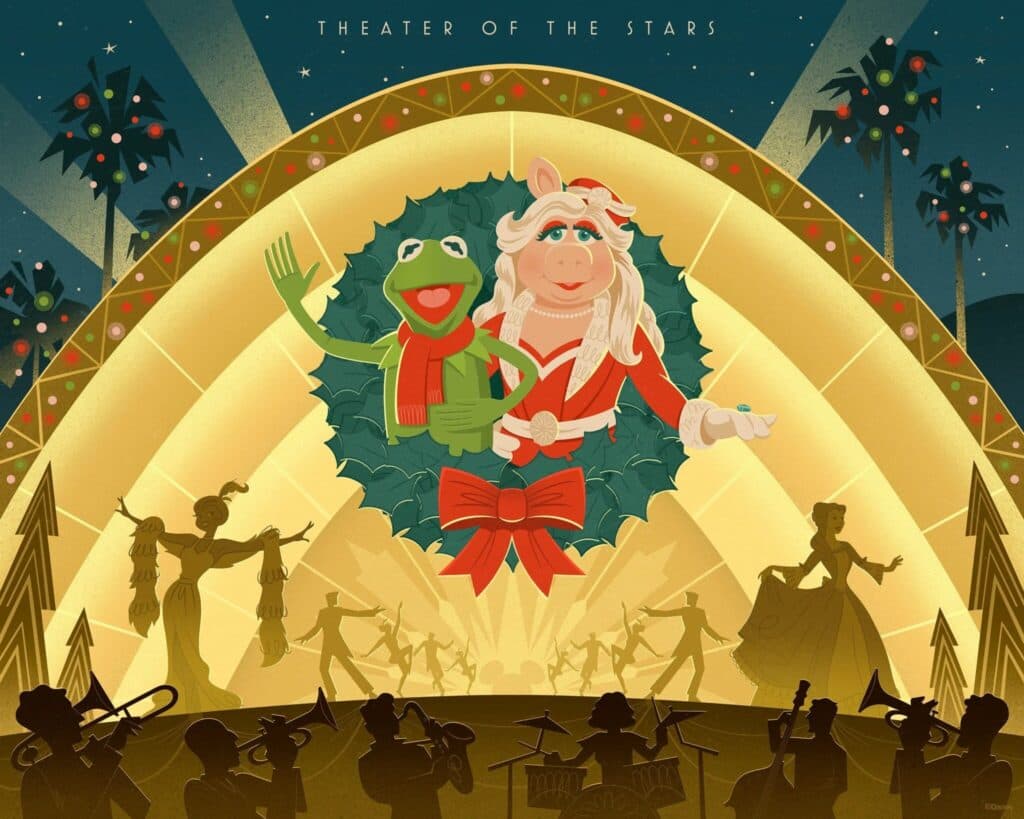 Imagem de conceito artístico de como será um dos shows da nova festa de natal da Disney que acontece no Hollywood Studios. Ao centro temos uma guirlanda natalina com o Sapo Kermit e a Porquinha Pig dos Muppets Em segundo plano temos a Princesa Tiana e a Bela, de a Bela e a Fera, além de músicos tocando baterias, trompetes, violoncelos e mais!. Também podemos ver dançarinos mais ao fundo, luzinhas natalinas e piheirinhos