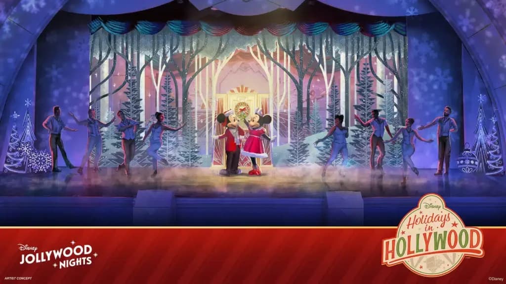 Imagem que mostra o conceito de um dos shows da nova festa de natal da Disney que acontece no Hollywood Studios. É possível ver Mickey e Minnie ao centro usando roupas vermelhas típicas natalinas bem elegantes e dançarinos animados de ambos os lados. Ao fundo temos um cenários que com pinheiros e projeções de flocos de neve.