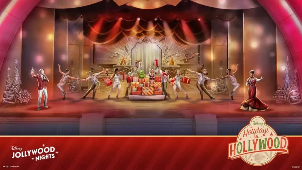 Imagem artística do conceito de um dos shows que serão apresentados na nova desta de natal Jollywood Nights no Disney's Hollywood Studios. É possível ver um casal a frente cantando com roupas elegantes, dois casais dançando mais ao fundo e ainda mais ao fundo outros dois casais dançando em volta de um carro alegórico que leva diversos presentes, além do Sapo Kermit e a Porquinha Pig dos Muppets. ainda é possível notar um baterista bem mais ao fundo do palco.