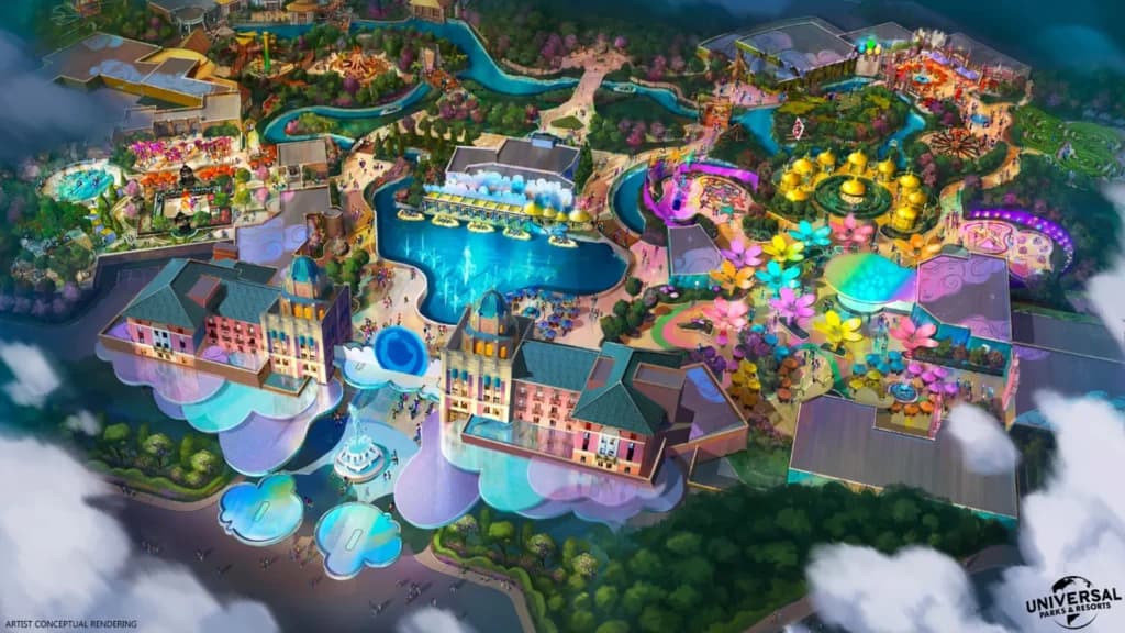 Conceito artístico do novo parque familiar que a Universal vai inaugurar em Frisco, Texas. Será um parque aquático familiar, mais focado em crianças menores e dá para ver pelo conceito que será muito bonito e colorido. Logo na entrada dá pra ver uma fonte, casinhas coloridas e estruturas em formato de nuvens. À direita tem uma área cheia de flores coloridas e ao redor do parque dá pra notar um rio por onde circulam barcos