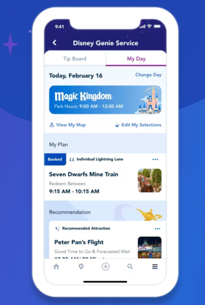Imagem que mostra um celular com o aplicativo My Disney Experience em uso na parte onde se escolhe e compra o recurso Genie+ e se faz as seleções das Lightning Lanes e Lightning Lanes Individuais.