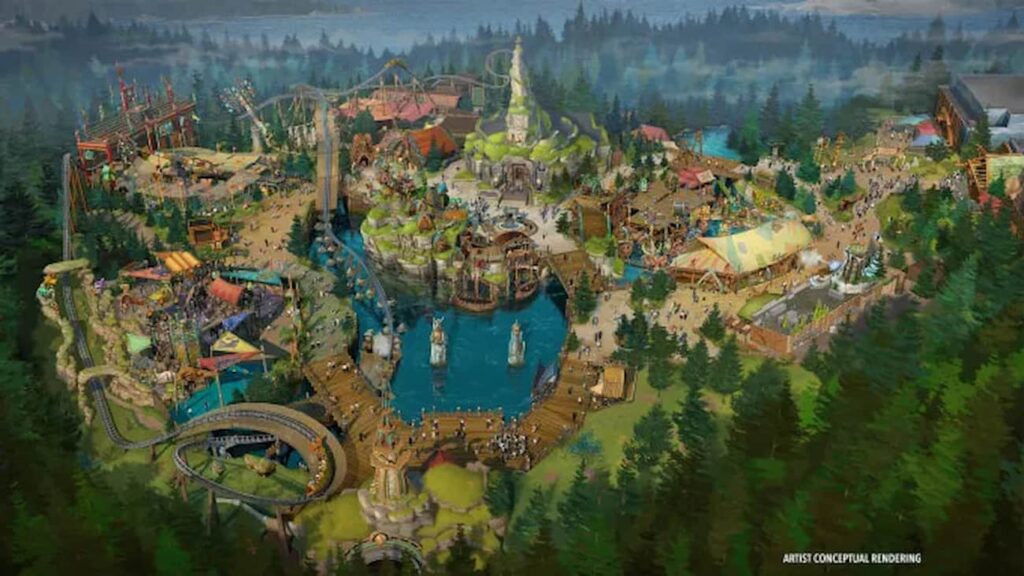 Imagem de conceito artístico da área de como treinar o seu dragão no futuro parque da Universal Orlando, Epic Universe. Mostra um lago ao centro, uma longa montanha russa, playground infantil no canto esquero, atração de voo, pontes, e floresta ao redor da área.