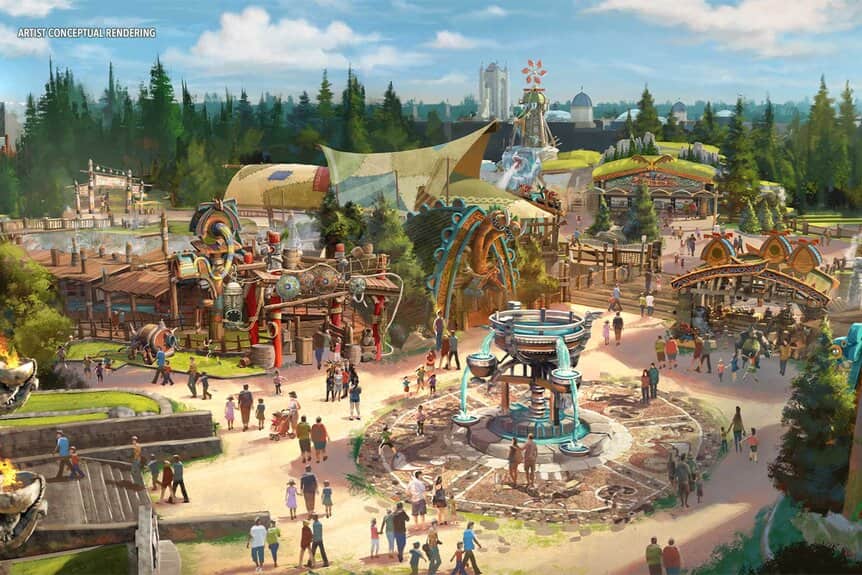 imagem ilustrativa conceitual de como será a nova area de como treinar o seu dragão no parque epic universe que inaugura em 2025 em orlando. podemos ver uma fonte em formato de taça bem ao centro.