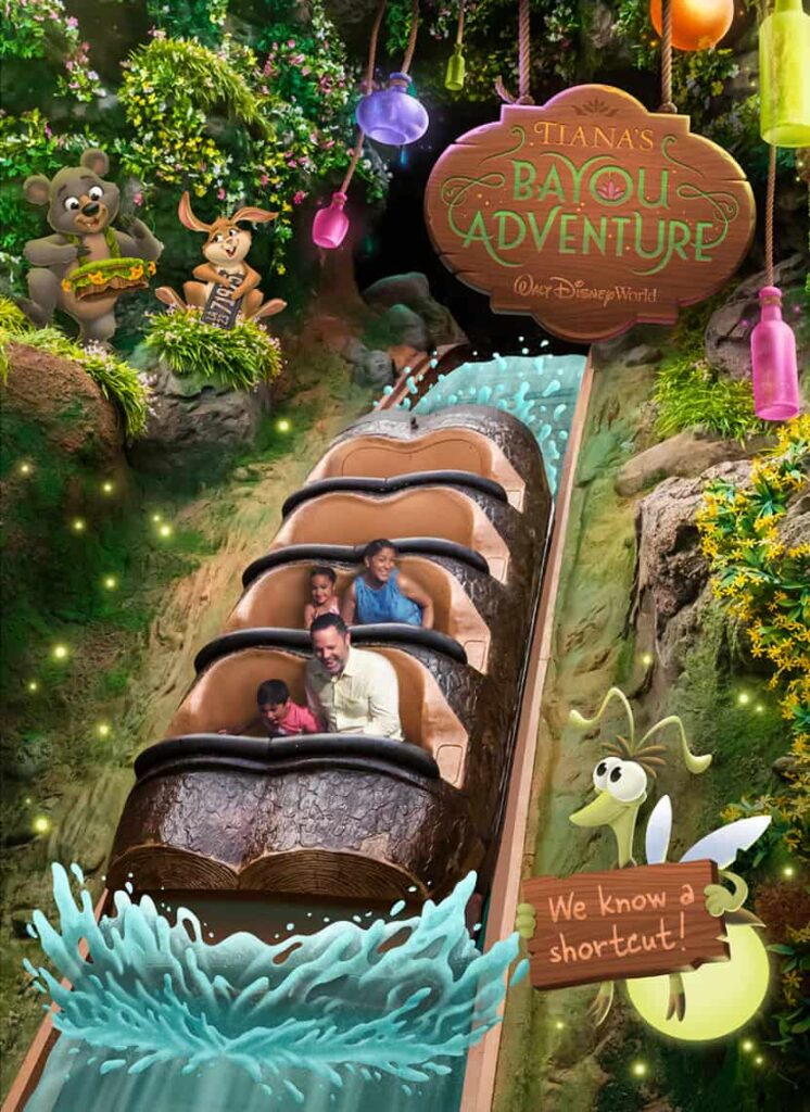 imagem ilustrativa de como será a foto de lembrança da nova atração do Magic Kingdom na Disney World, a Tiana's Bayou Adventure. É possível ver o barco em formato de tronco, em sua queda na água, rodeado por detalhes e personagens do filme a princesa e o sapo, que inspiraram a atração que veio para substituir a antiga splash moutain.