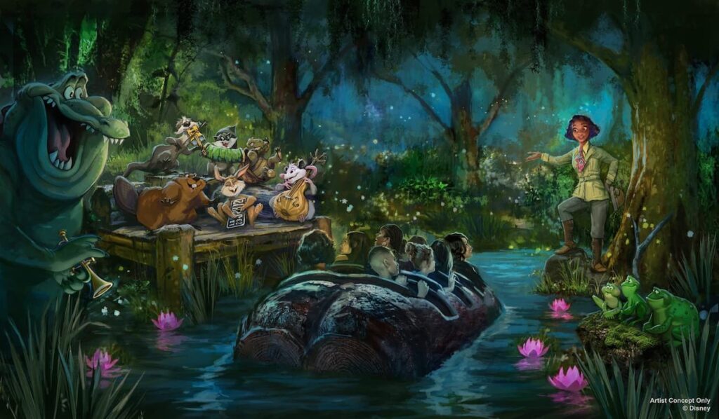imagem ilustrativa de como será o cenário da atração Tiana's Bayou Adventure, que substituirá a antiga splash mountain a partir de 28 de junho de 2024. Pode ser pessoas em barcos que navegam por uma baía com muitas árvores e tem a presença da Princesa Tiana, recebendo os visitantes