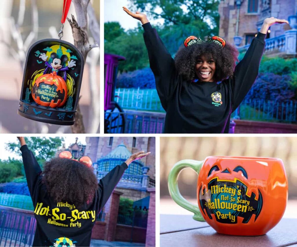 Imagem mostra alguns dos itens que serão vendidos durante a festa de halloween da disney world a mickeys not so scary halloween party em 2024, produtos como ornamentos de arvore de natal, caneca, orelhinhas da minnie e caneca são os principais destaque, seguindo os tons laranja, verde, roxo e preto que são tipicos da festa