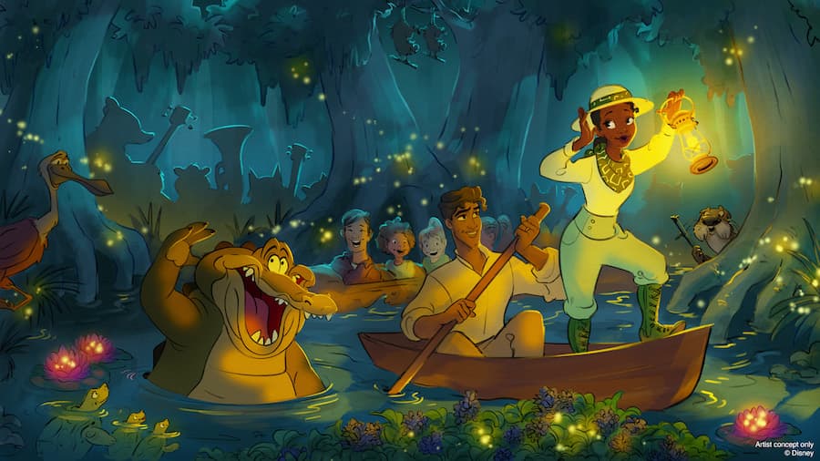 imagem ilustrativa mostra os personagens do filme A princesa e o sapo; Tiana, Naveen e Louis, embarcando junto a visitantes, na nova atração Tiana's Bayou Adventure, que inaugura dia 28 de junho de 2024 no Magic Kingdom, na Disney World, substituindo a antiga Splash Mountain