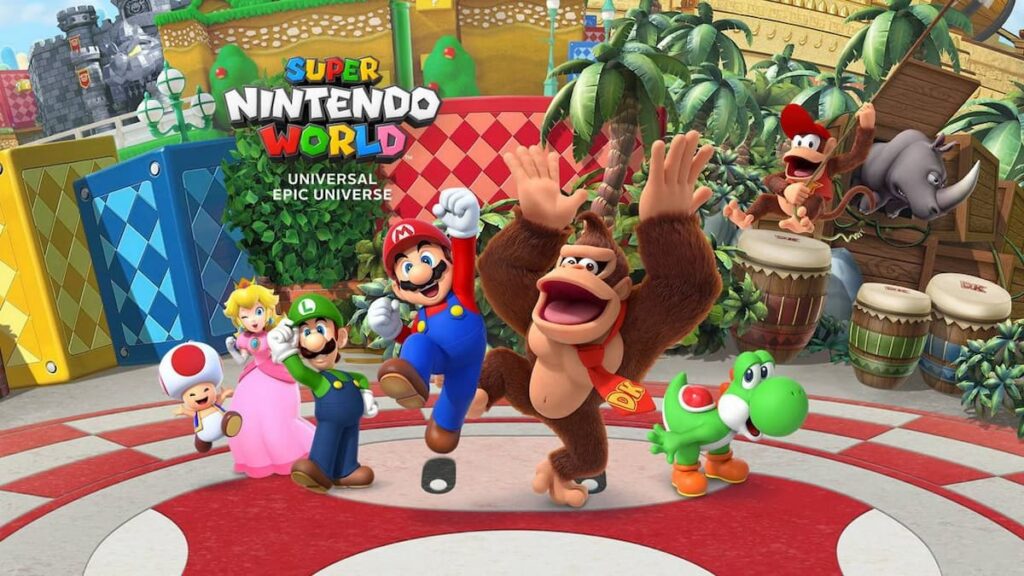 Imagem ilustrativa de Super Nintendo World, no parque Epic Universe da Universal Orlando Resort, na Florida, que vai inaugurar em 2025, mostrando personagens como Mario, Luigi, Princesa Peach, Yoshi, Toad e Donkey Kong animados em frente a nova area dedicada a eles