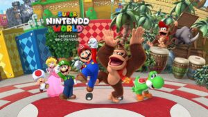 Imagem ilustrativa de Super Nintendo World, no parque Epic Universe da Universal Orlando Resort, na Florida, que vai inaugurar em 2025, mostrando personagens como Mario, Luigi, Princesa Peach, Yoshi, Toad e Donkey Kong animados em frente a nova area dedicada a eles