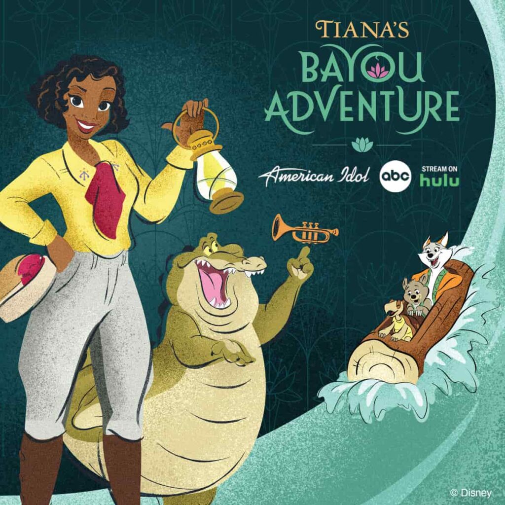imagem ilustrativa que mostra a princesa Tiana e Louis, junto de arte que tem um barquinho em formato de tronco deslizando pela água, fazendo alusão a atração Tiana's Bayou Adventure, junto com a propaganda do programa onde foi anunciada a data oficial de abertura da atração do Magic Kingdom em Walt Disney World