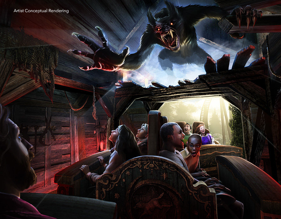 Imagem ilustrativa de uma das novas atrações do Epic Universe, em Dark Universe, a curse of the wolf tem carrinhos giratórios, que nessa cena, está passando por uma cabana e o lobo entra pelo telhado para pegar os visitantes que ali estão se divertindo, porém assustados
