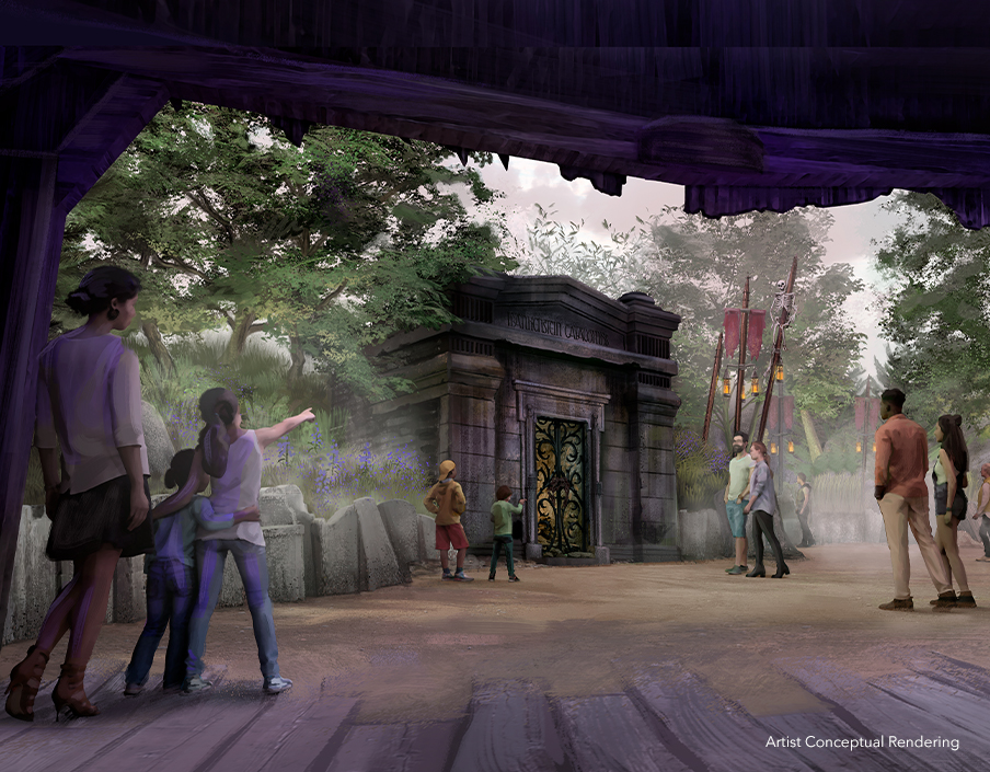 imagem ilustrativa mostra familias chegando em Darkmoor, área misteriosa com mostros, caçadores e criadores do novo parque da Universal Orlando, Epic Universe.