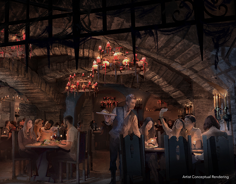 Imagem ilustrativa de restaurante que mostra um ambiente sombrio, candelabros com velas quase totalmente derretidas e um garçom que se assemelha a um vampiro. Diversas mesas com pessoas que comem enquanto se divertem e tiram fotos