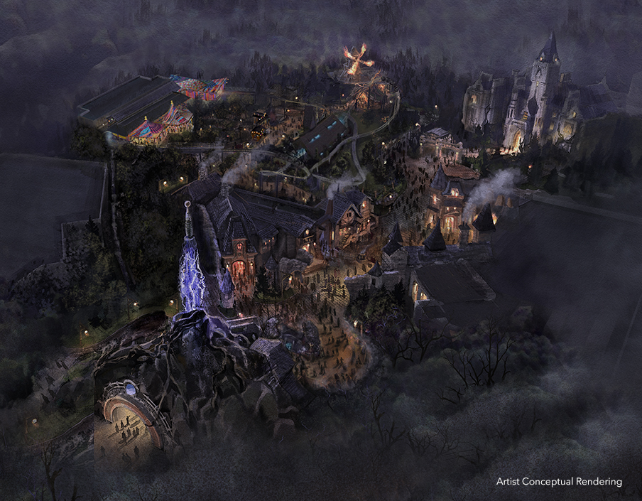 Imagem ilustrativa da area Dark Universe no novo parque da Universal Orlando, Epic Universe, onde é possível ver um ambiente sombrio, que será lar de criaturas como Dracula, frankenstein, lobisomens e outros monstros clássicos. Podemos ver trilhos de uma montanha russa, o castelo de drácula e até mesmo um moinho em chamas
