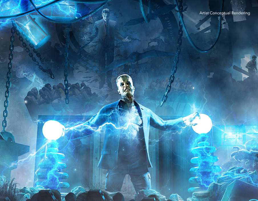 Imagem ilustrativa que tem frankenstein segurando bolas de energia magnetizadas a frente de um cenário cáotico onde podemos ver correntes, morcegos e o Drácula ao fundos.