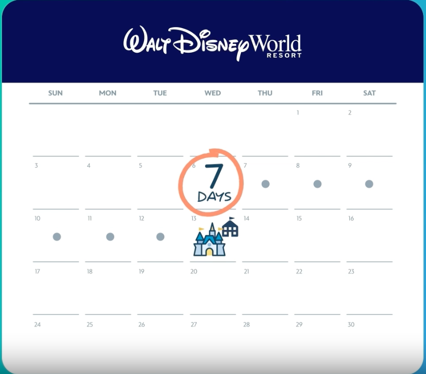 Imagem ilustrativa de calendário, onde temos escrito: Walt Disney World e uma contagem de 7 dias antes do castelo, que representa a viagem a Walt Disney World Resort, em Orlando
