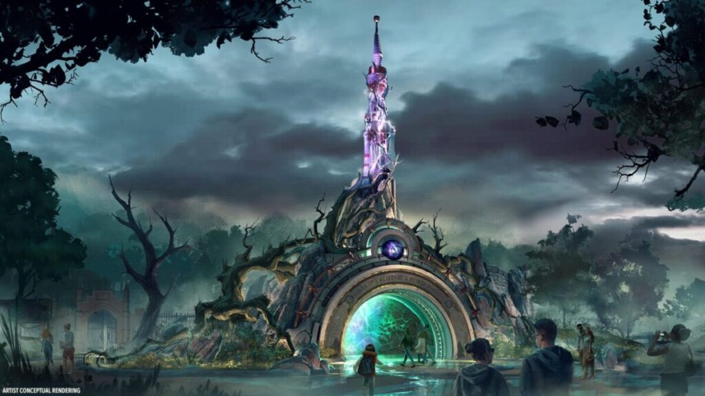 Portal de entrada de Darkmoor, que será a nova área Dark Universe no novo parque da Universal Studios, Epic Universe em Orlando, Flórida. Podemos ver um portal com uma bobina que está eletrizada e abaixo uma luz verde fantasmagórica, que transportará os visitantes para um ambiente sombrio e misterioso