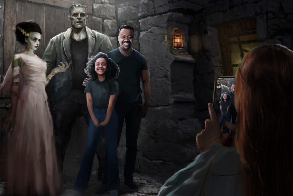 Imagem ilustrativa mostra familia tirando fotos com Frankenstein e sua esposa em novo encontro que haverá na área Dark Universe no Epic Universe, novo parque da Universal Studios em Orlando