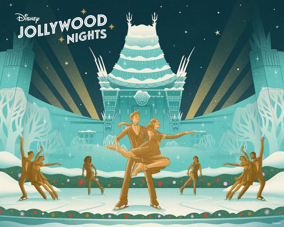 Imagem artística ilustrativa da festa Jollywood Nights, que acontece no parque de diversões da Disney, Hollywood Studios durante noites selecionadas no natal. A imagem mostra o Teatro Chines ao fundo, com uma iluminação azul esverdeado com gelo, e na frentes diversos bailarinos se apresentando em casais, patinando no gelo