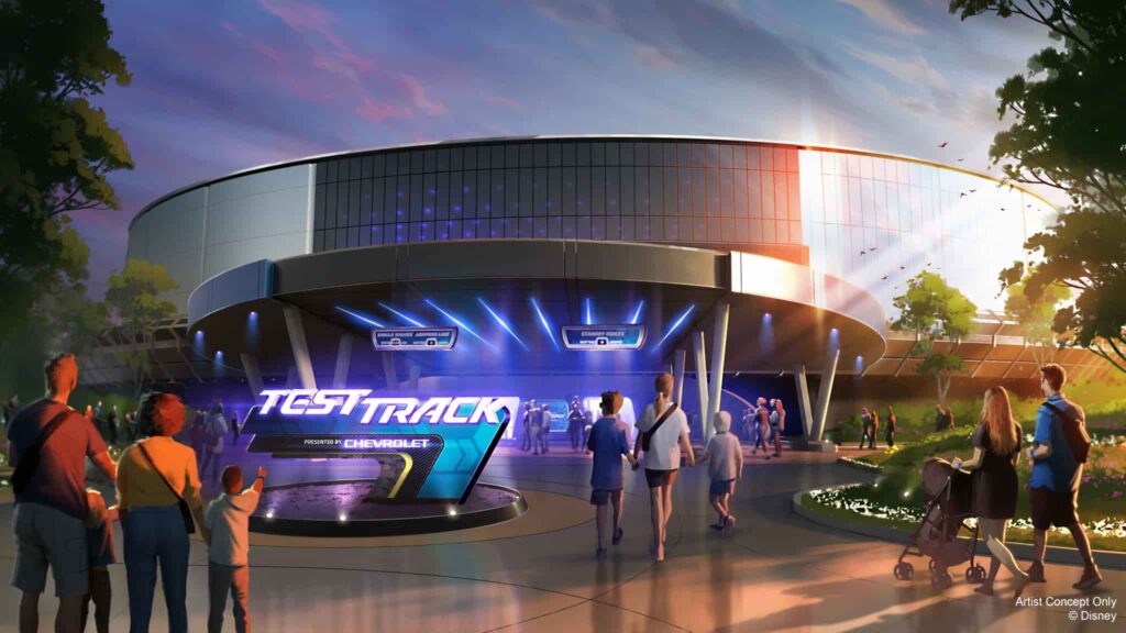 imagem ilustrativa de como será a entrada da atração Test Track, que fica no parque da Disney, Epcot e está sendo reformulada. Essa é uma atração de corrida e mostra que trará mais tecnologia a nova versão