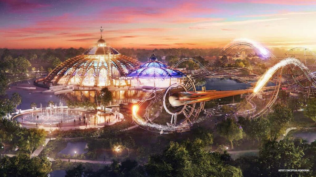 imagem ilustrativa do celestial park, nova area do futuro parque epic universe da universal studios em orlando, mostra a montanha russa starfall racers ao por do sol, com sua iluminação que faz lembrar um cometa