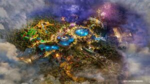 Imagem ilustrativa mostra como será o futuro parque epic universe que vem para orlando integrar o complexo de parques temáticos da universal. mostra uma imagem aérea do paruqe, com fogos iluminando a noite, fontes de água e as atrações das áreas principais