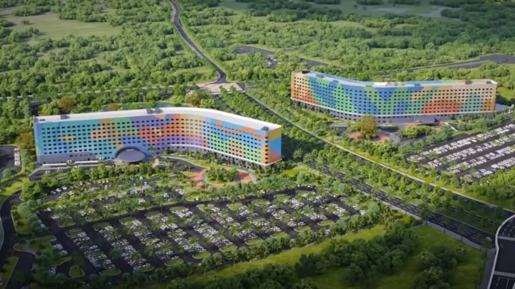 arte conceitual de como serão os hotéis irmãos Terra Luna e Stella Nova, da Universal Orlando Resort, que vão inaugurar no começo de 2025 e contam com tijolinhos coloridos que reluzem e causam a impressão de mudar de cor, de acordo com a incidência solar