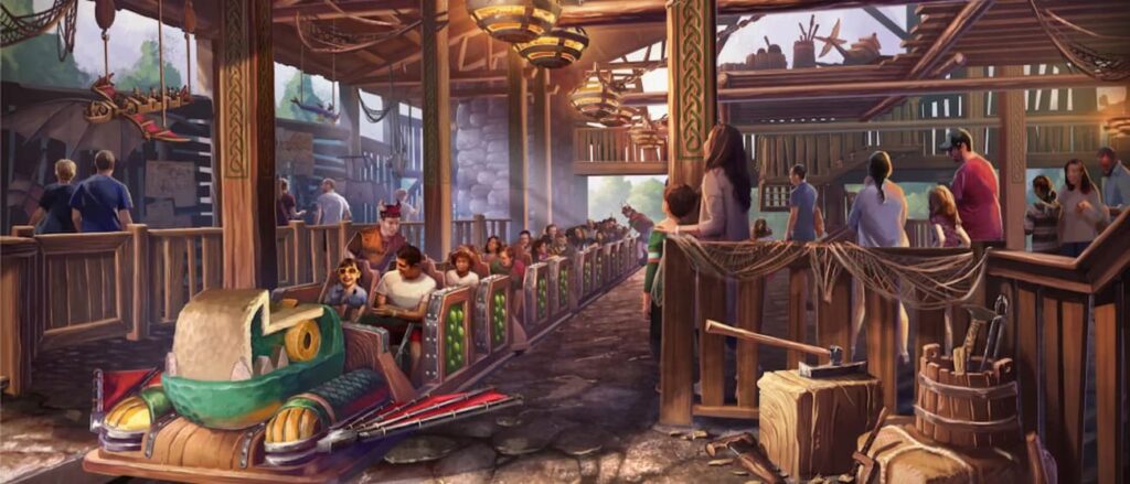 Imagem ilustrativa de carrinho da montanha russa da área como treinar o seu dragão, no novo parque temático epic universe na universal studios em orlando. na imagem podemos ver um carrinho com aparência de dragão e pessoas se preparando para brincar na atração, enquanto funcionários checam seus cintos de segurança. vemos também pessoas esperando na fila para embarcar. tem crianças na foto, indicando que essa deve ser uma atração familiar