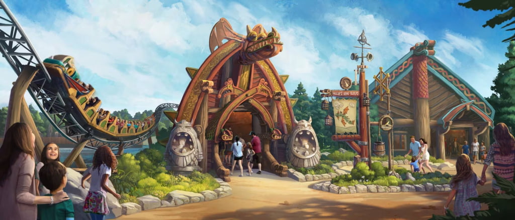 imagem ilustrativa da entrada da montanha russa Dragon Racers Rally que irá inaugurar no novo parque da universal orlando, epic universe em 2025. é possivel ver estruturas vikings, a montanha russa passando ao lado e famílias chegando animadas para se divertir