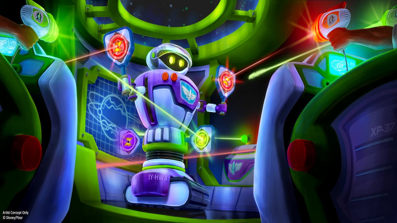 Arte Conceitual de robo com alvos interativos que será implementado na atualização e reformulação da famosa atração Buzz Lightyear Ranger Sping no Parque Magic Kingdom, em Orlando