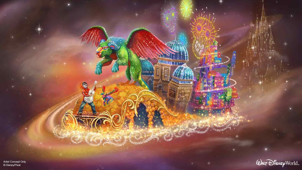 Imagem ilustrativa de como será uma das partes da nova parada noturna que acontecerá em walt disney world resort, a Disney Starlight Night Parade que mostra Miguel do filme viva a vida é uma festa, com todo o cenário da comemoração do dia de los muertos retratado no filme