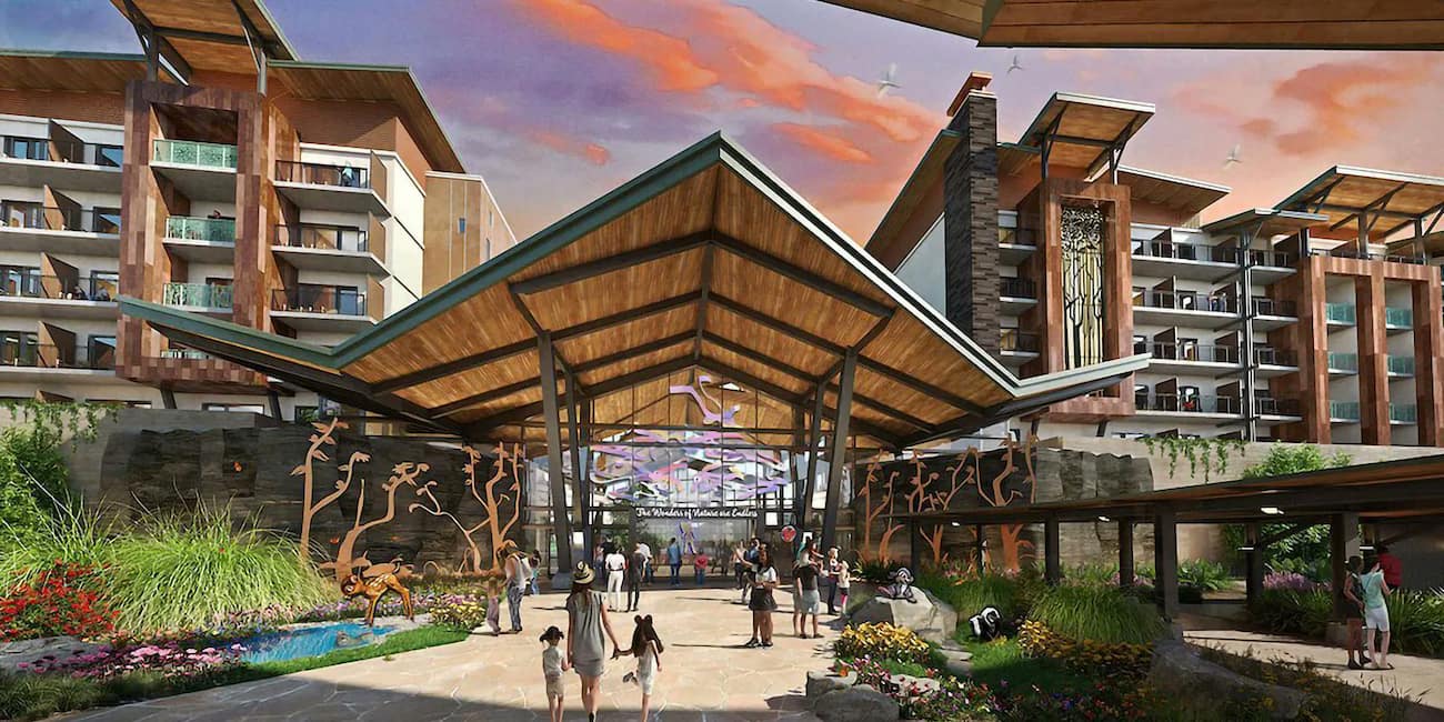Arte conceitual de como será a entrada do hotel Disney’s Lakeshore Lodge que está sendo construído em Walt Disney World Resort