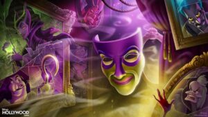 Imagem ilustrativa do novo show que estreia em maio no parque da disney, hollywood studios e terá como centro os vilões dos filmes mais famosos da disney, temos em evidencia o rosto que fica dentro do espelho da bruxa má de a branca de neve