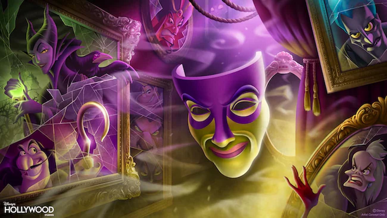 Imagem ilustrativa do novo show que estreia em maio no parque da disney, hollywood studios e terá como centro os vilões dos filmes mais famosos da disney, temos em evidencia o rosto que fica dentro do espelho da bruxa má de a branca de neve