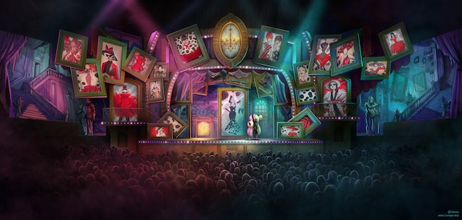 imagem de conceito artistico do novo show do hollywood studios, Villains Unfairly Ever After, em disney world, mostra um palco bem amplo, plateia cheia, e no centro, temos cruella de vil, vilã do filme 101 dalmatas