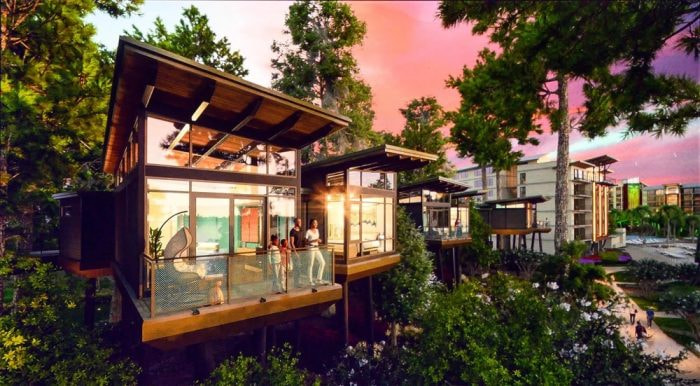 Arte conceitual de como será o novo hotel deluxe, de luxo, em Orlando, o Disney’s Lakeshore Lodge, mostra como serão os quartos, ou cabines, com varanda de vista para a natureza, com janelas bem grandes