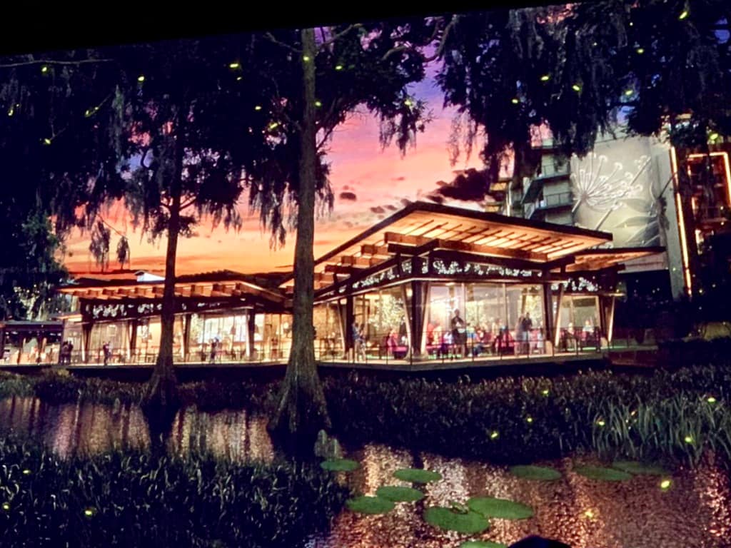 Imagem de arte conceitual de como será o novo hotel de Walt Disney World Resort, o Disney’s Lakeshore Lodge, que terá uma pegada de natureza, mostra uma parte do hotel que fica em um deck de frente para um lago