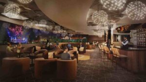 imagem ilustrativa do novo lounge apenas para adultos que sera inaugurado em 2025 no parque epcto em walt disney world resort, orlando, o GEO-82, mostra pessoas sentadas em sofás, com mesas ao centro, lustres elegantes, um bar ao canto direito e uma visão incrível dos fogos do parque a direita
