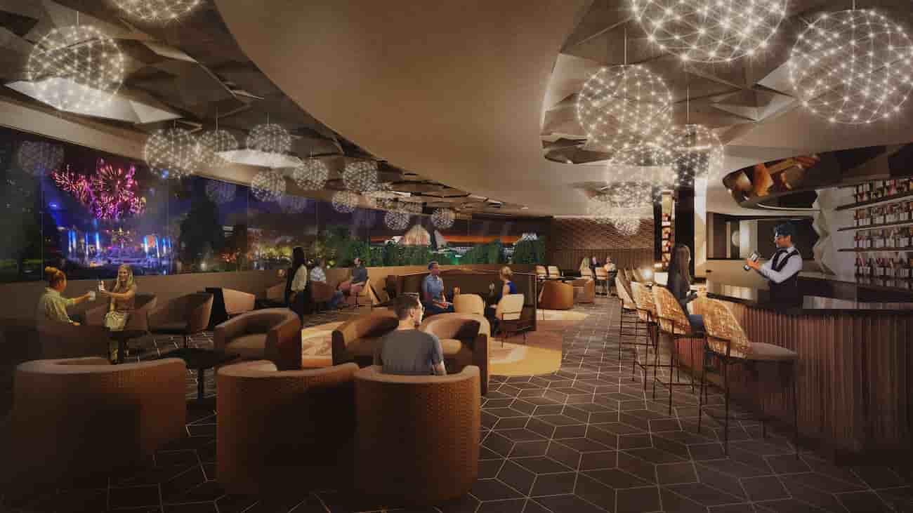 imagem ilustrativa do novo lounge apenas para adultos que sera inaugurado em 2025 no parque epcto em walt disney world resort, orlando, o GEO-82, mostra pessoas sentadas em sofás, com mesas ao centro, lustres elegantes, um bar ao canto direito e uma visão incrível dos fogos do parque a direita