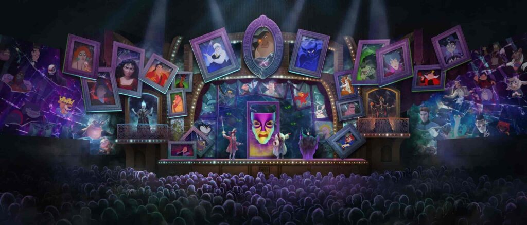 imagem de conceito artistico do novo show do hollywood studios, Villains Unfairly Ever After, em disney world, mostra um palco bem amplo, plateia cheia, e no centro, temos o rosto do espelho mágico da rainha má do filme da branca de neve, cercado de outros vilões de filmes famosos da disney