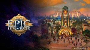 imagem ilustrativa do novo parque da universal orlando resort, o epic universe, mostra sua entrada, de maneira aérea, dando visão também a parte do que há dentro do parque, e ao lado esquerdo, o simbolo do parque