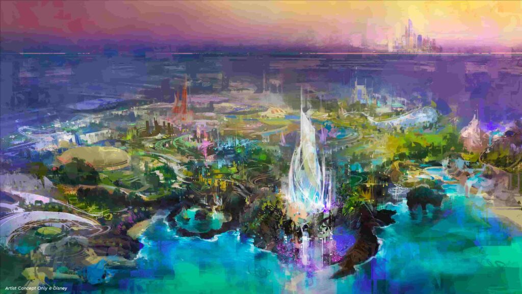 Imagem conceitual do parque Disneyland Abu Dhabi anunciado em parceria com a Miral. É possível ver um grande e chamativo castelo de gelo, de Frozen, um lago, montanhas russas e outras atrações que estarão dentro do novo parque temático