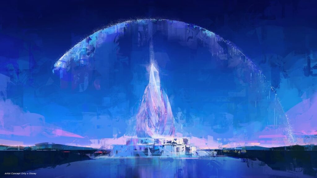 Imagem ilustrativa do Castelo da Elsa, de Frozen, todo feito de gelo em meio a um ambiente congelado, com o castelo ao centro e uma estrela passando por cima, fazendo referência a clássica imagem de abertura dos filmes da Disney