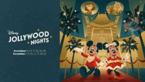 Arte para divulgação da festa anual de natal do Hollywood Studios, a Jollywood Nights, com Mickey e Minnie em frente ao teatro chinês, simbolo do parque, vestidos com roupas de papai e mamãe noel